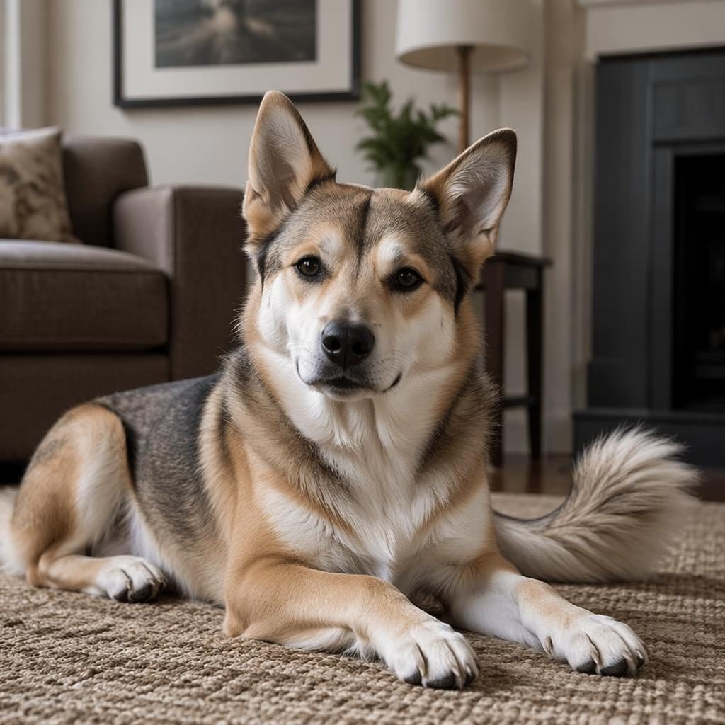 Photo-real senior spitz mix dog resting in a cozy living room with soft natural light and detailed fur.
