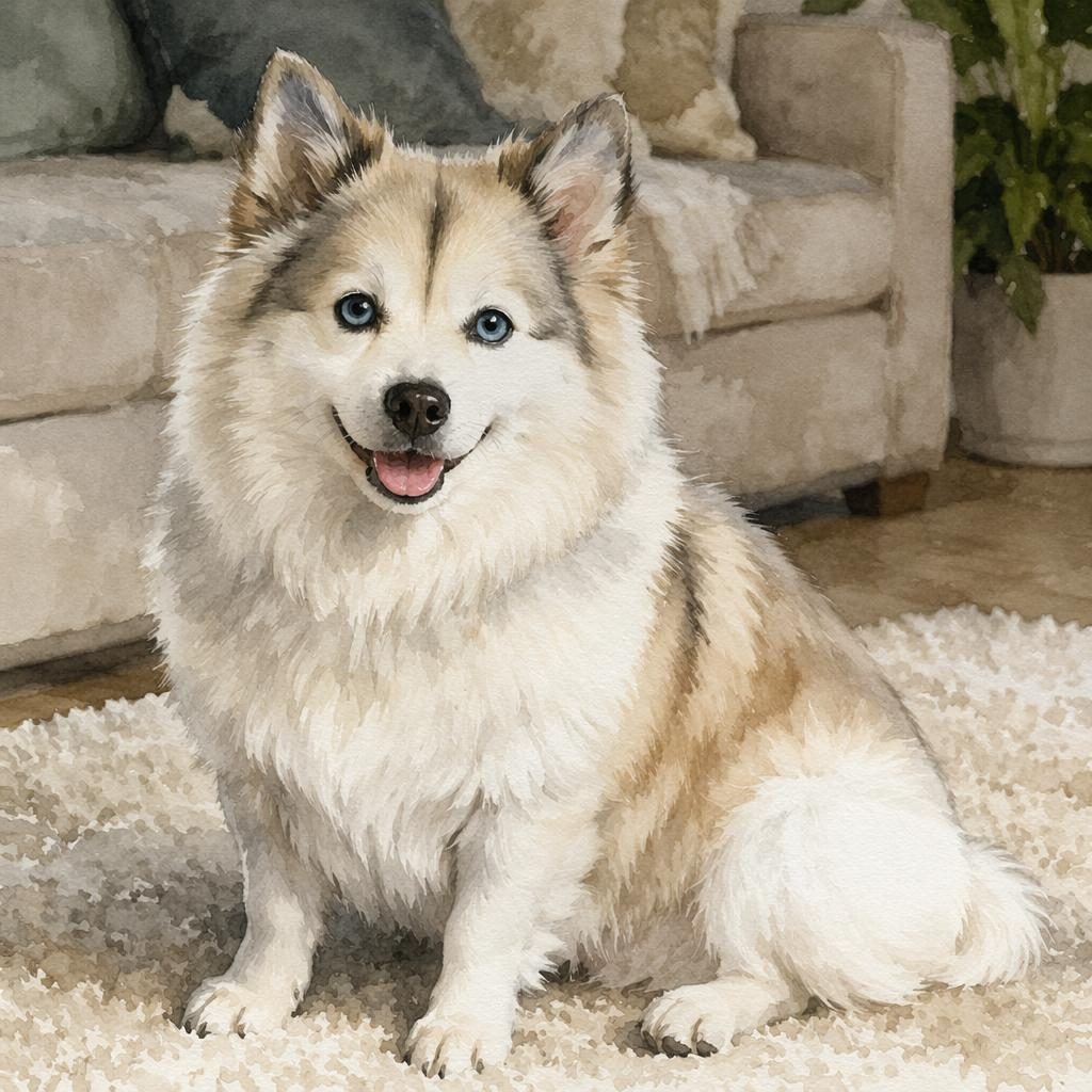 Senior hybrid dog with French Bulldog and Samoyed traits resting in a cozy living room, watercolor style, soft light