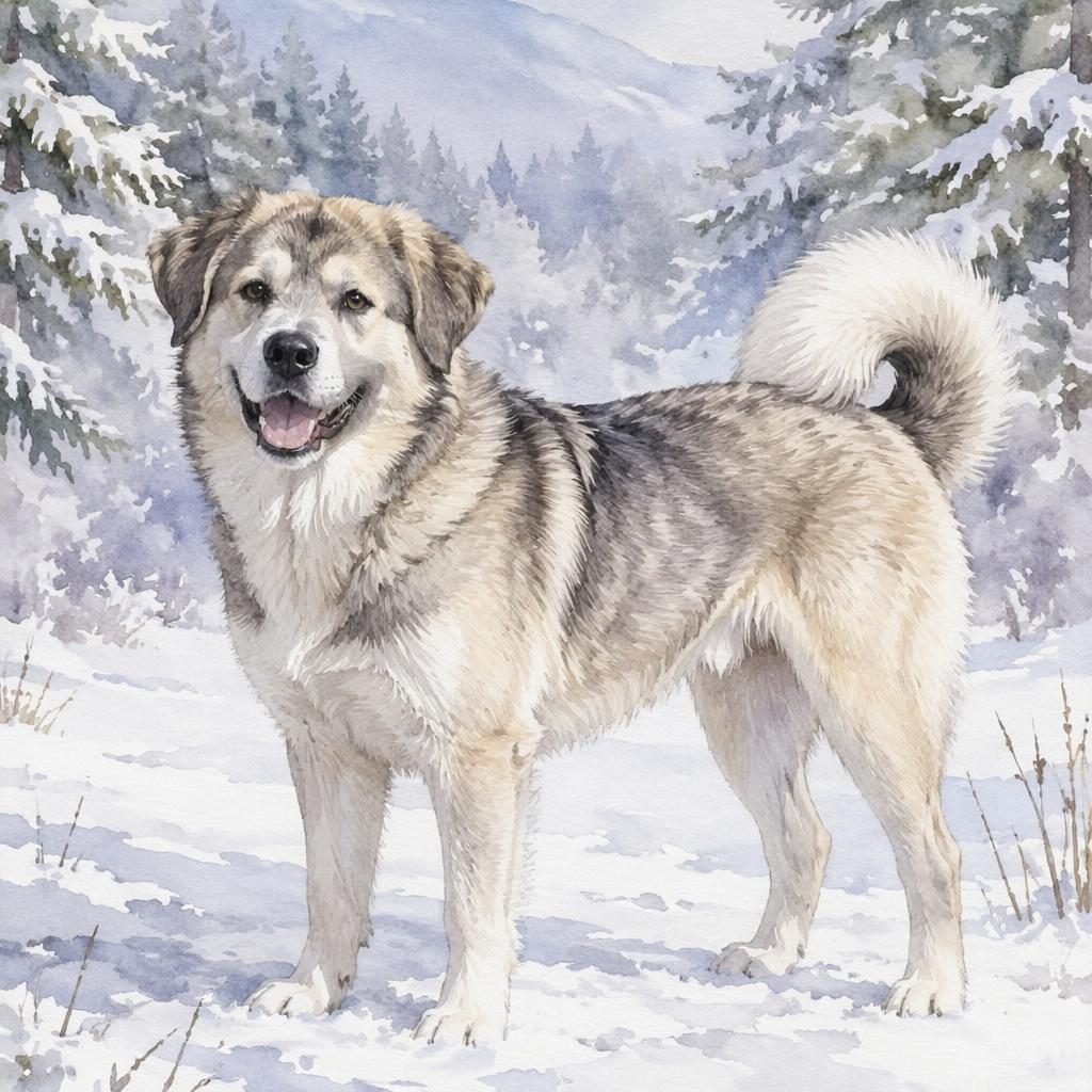 Watercolor-style adult Labrador Akita mix dog standing in a snowy landscape with unusual coat and relaxed expression
