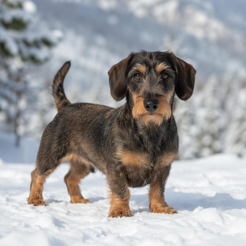 Ein einzelner freundlicher Mischlingshund im Schnee, fotorealistisch, mit gepflegtem Fell und weichem Naturlicht.
