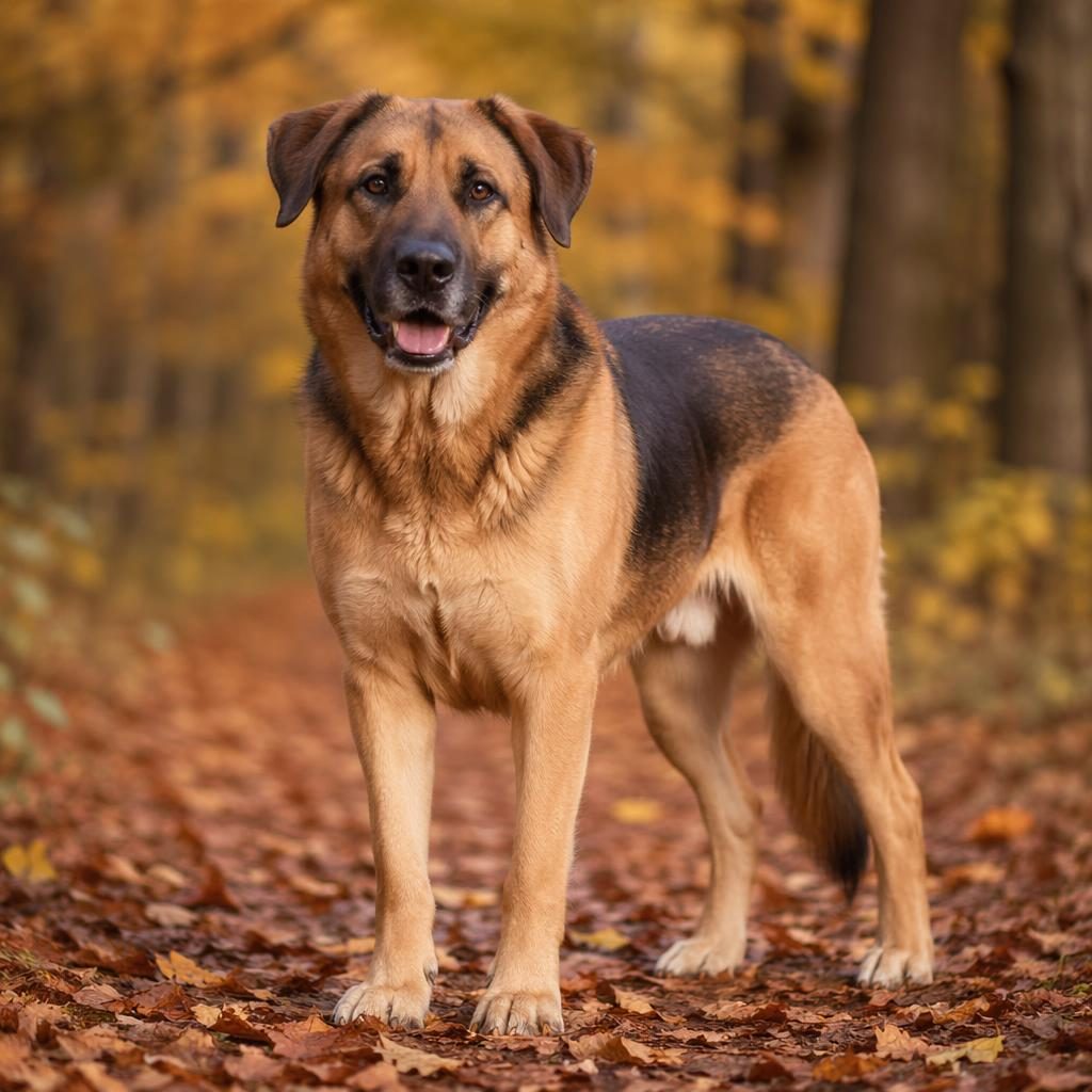 Senior pit mastiff style mixed dog in an autumn forest studio setting, relaxed, well-groomed, golden coat, sharp focus