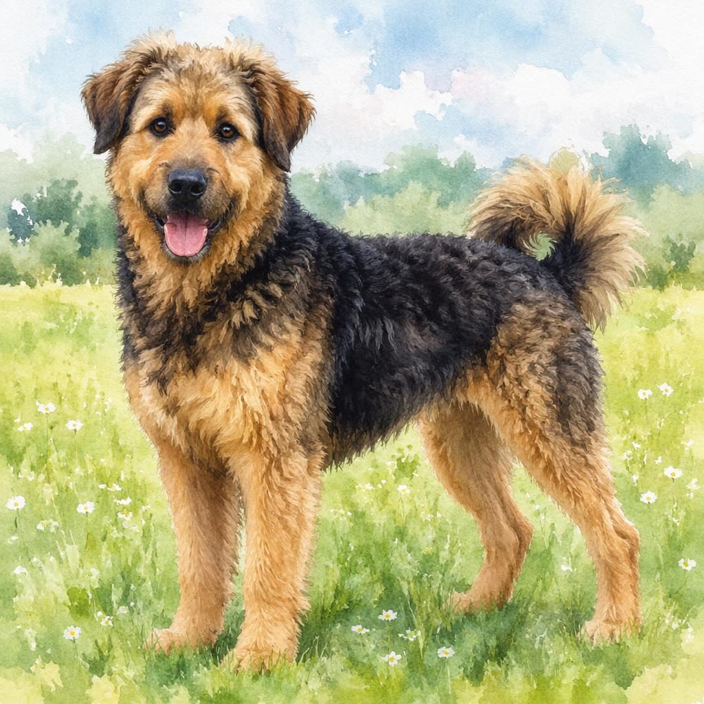 Watercolor-style German Shepherd Poodle mix dog standing in a grass meadow, relaxed and well-groomed in soft light