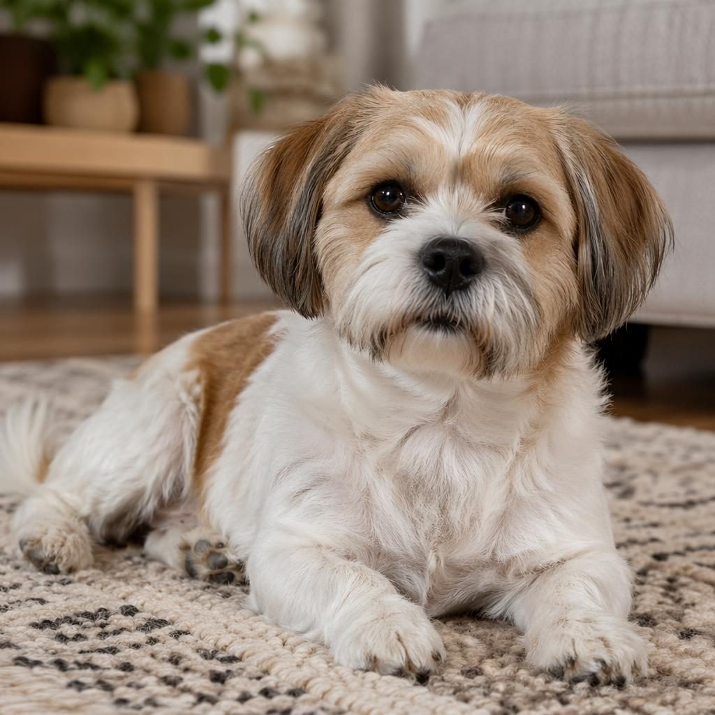 Starší krizenec shih tzu a jack russell sedí v útulném obýváku, uvolněný výraz, měkké denní světlo.