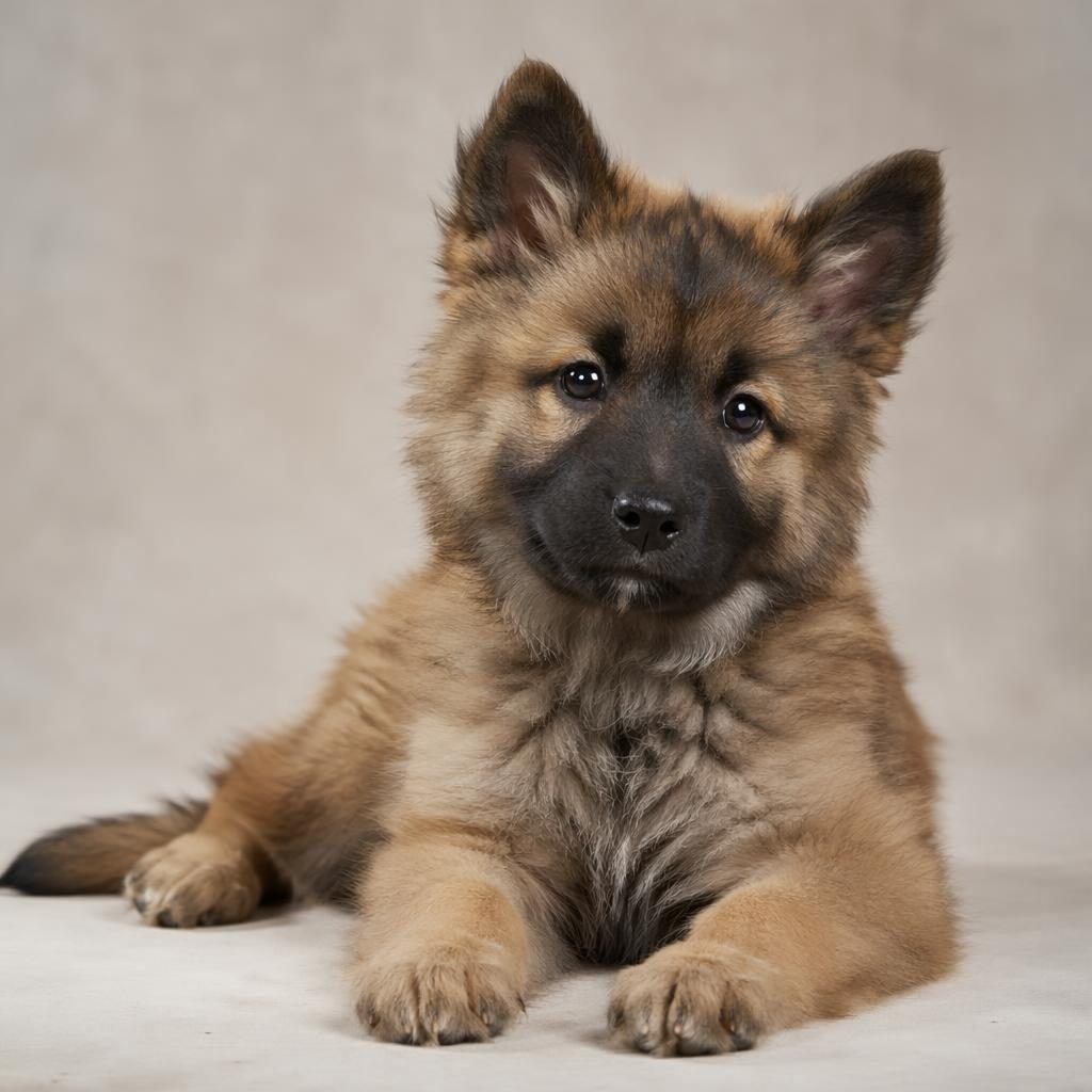 Ein einzelner Malinois-Akita-Welpe mit zotteligem Fell vor weichem neutralem Hintergrund, freundlich und entspannt.