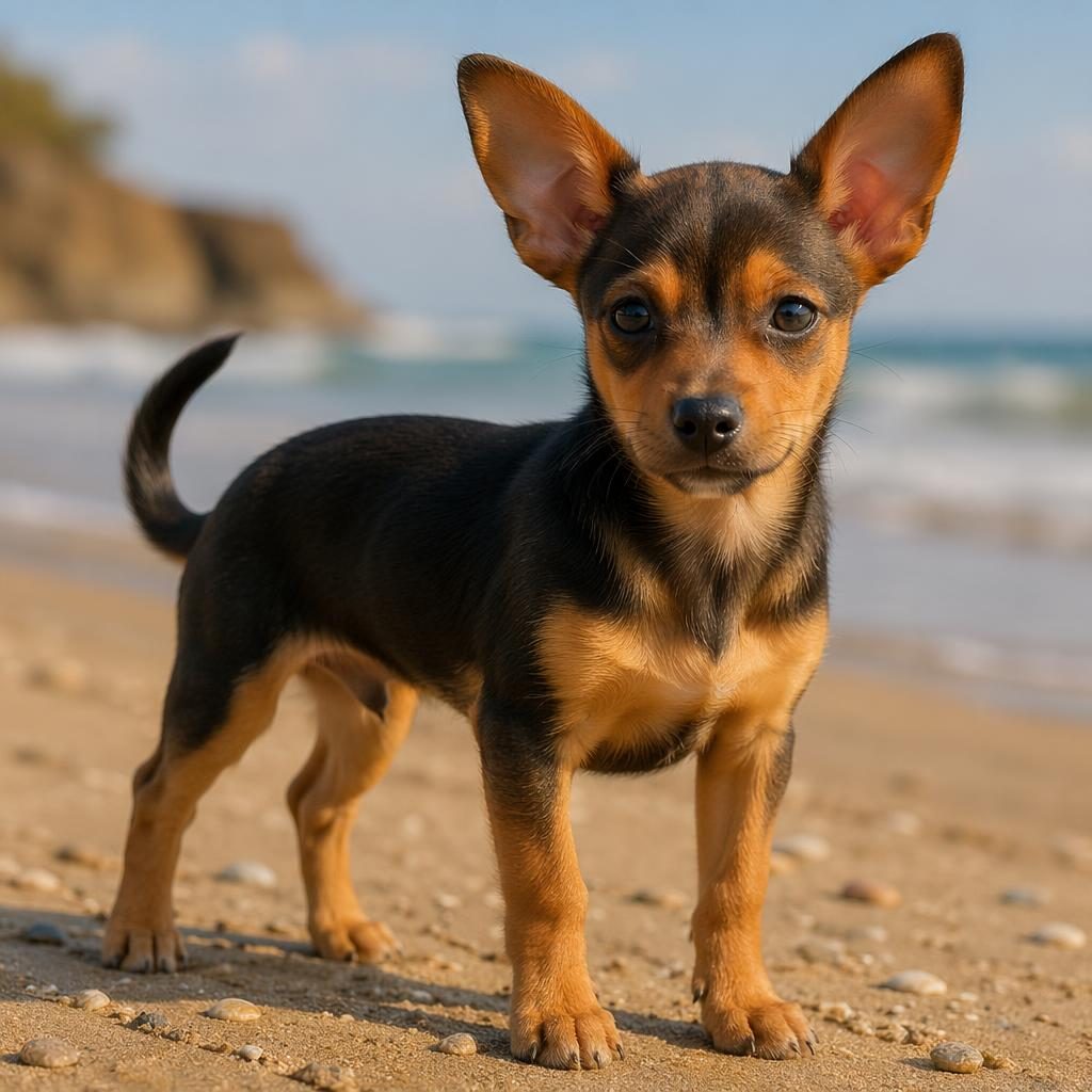 Editorial beach portrait of a small chihuahua mini pinscher mix puppy with smooth coat, relaxed expression, and soft light.