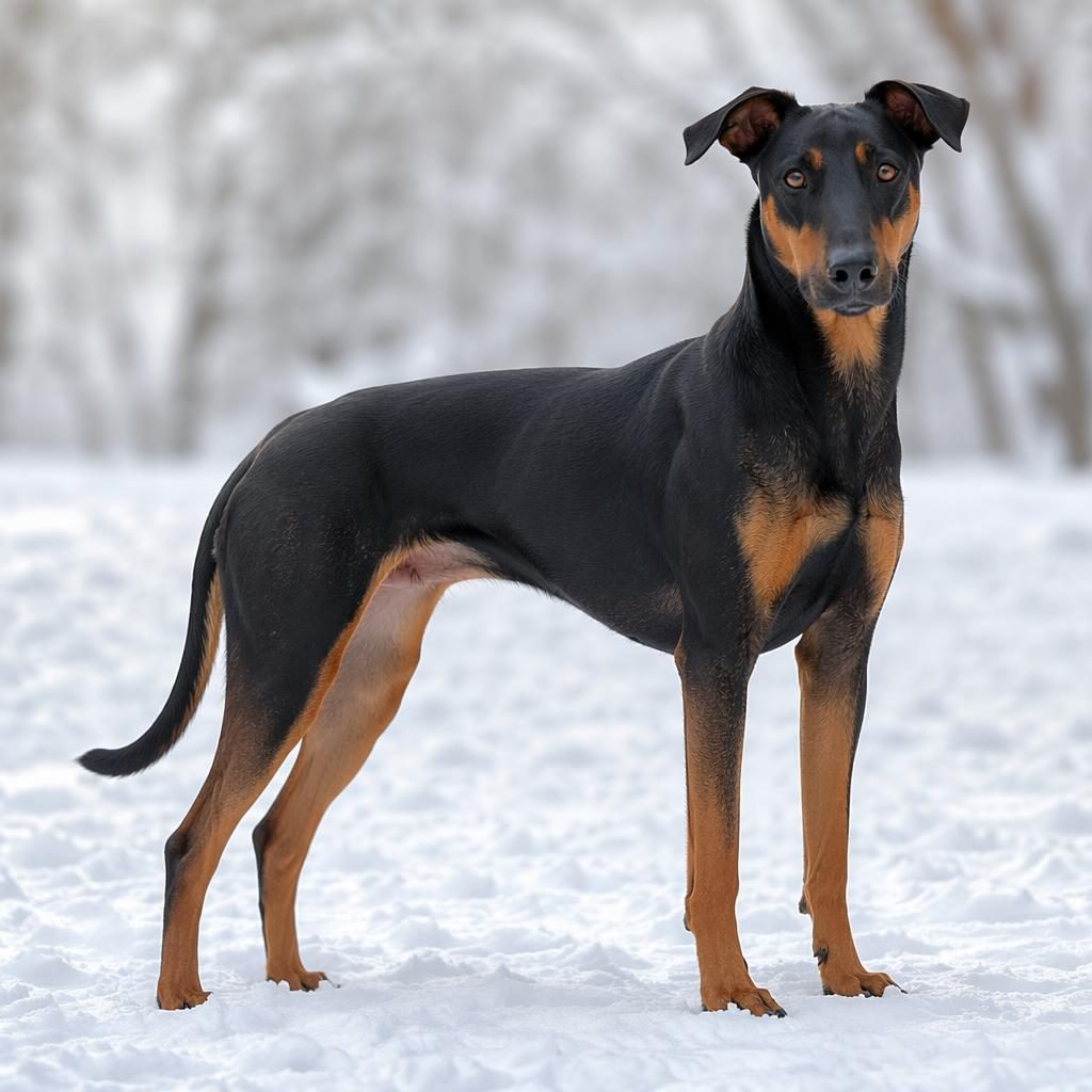 Studio-style photo of a single relaxed mixed-breed dog in snow with shepherd and ridgeback traits, unusual coat, sharp fur detail.