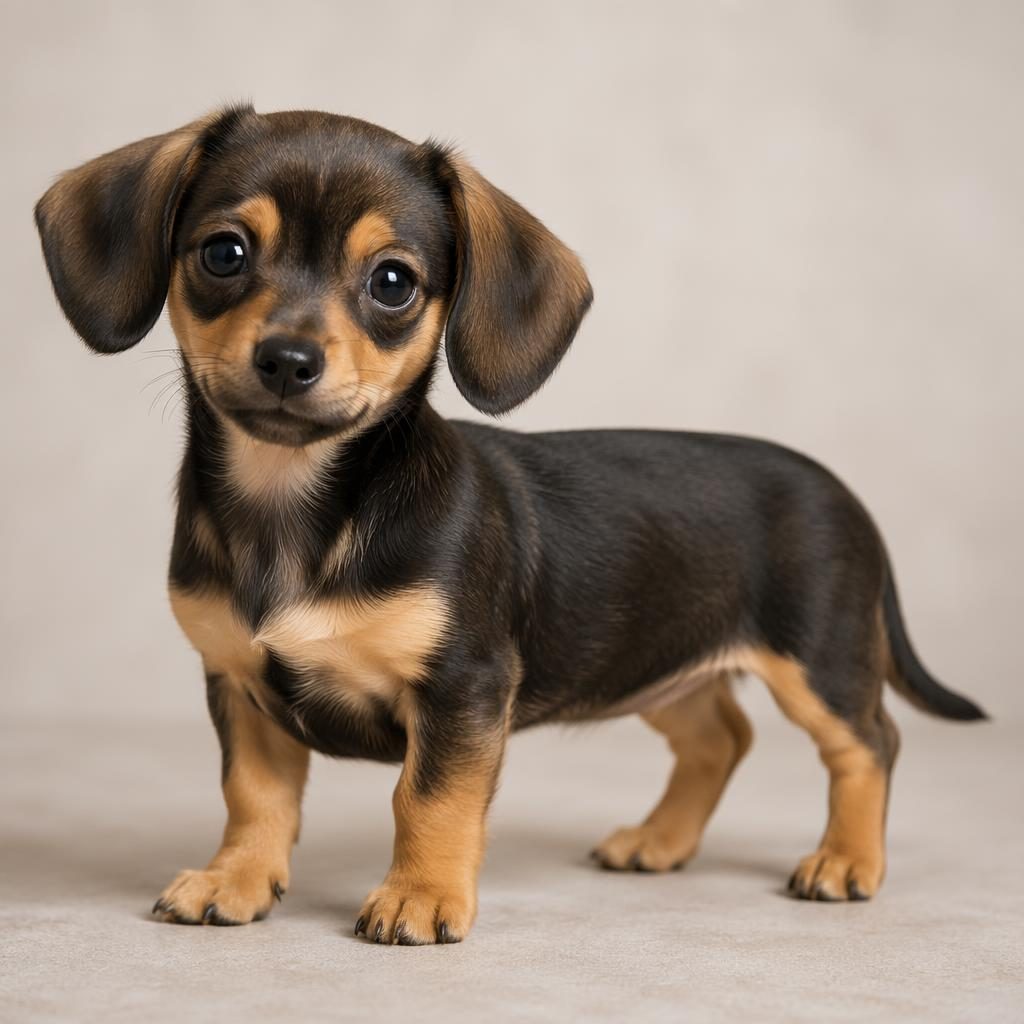 Illustration réaliste d’un chiot teckel croisé chihuahua, seul, pelage soigné, fond neutre et lumière douce.