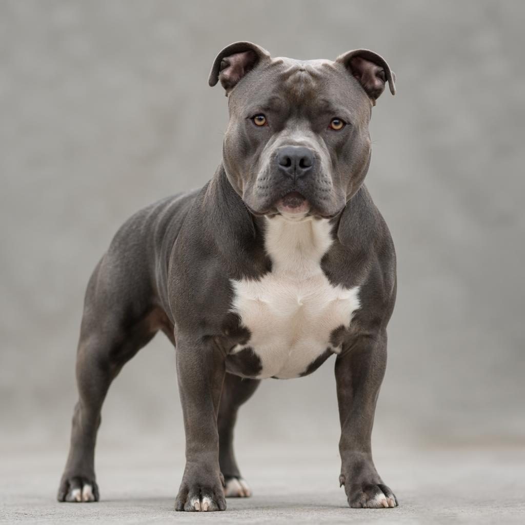 Photo-real illustration of a single adult pitbull greyhound mix dog on a soft neutral background, relaxed and well-groomed