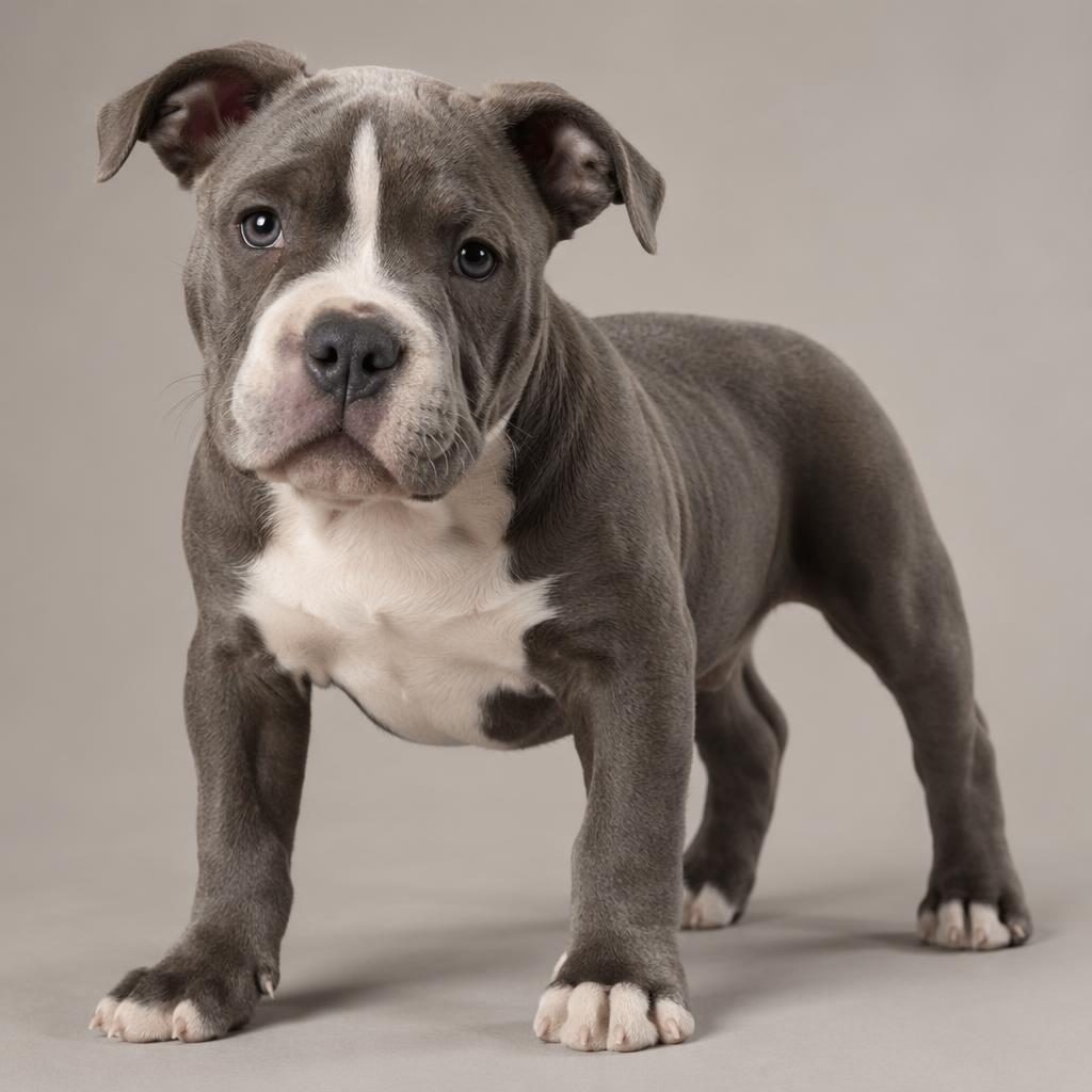 Photo-real studio portrait of a friendly bulldog x staffy puppy on a soft neutral background with natural light