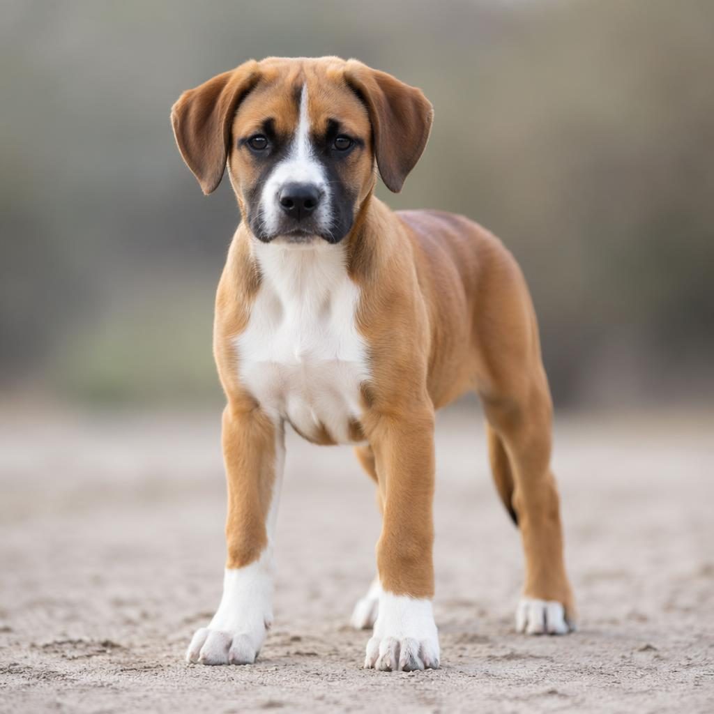 Single beagle boxer puppy standing outdoors on a soft neutral background with natural light and detailed fur