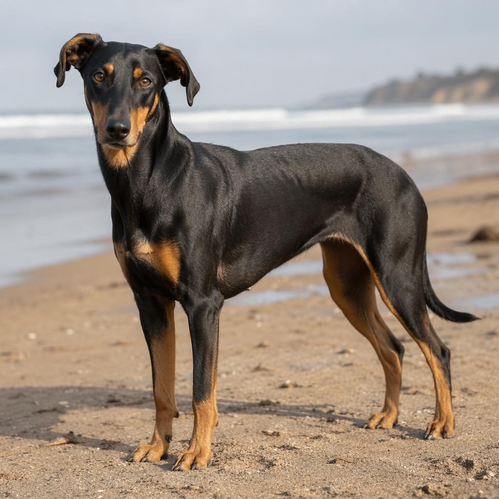 Ein einzelner freundlicher bardino mischling steht entspannt am Strand bei weichem Naturlicht, mit scharfem Fell.