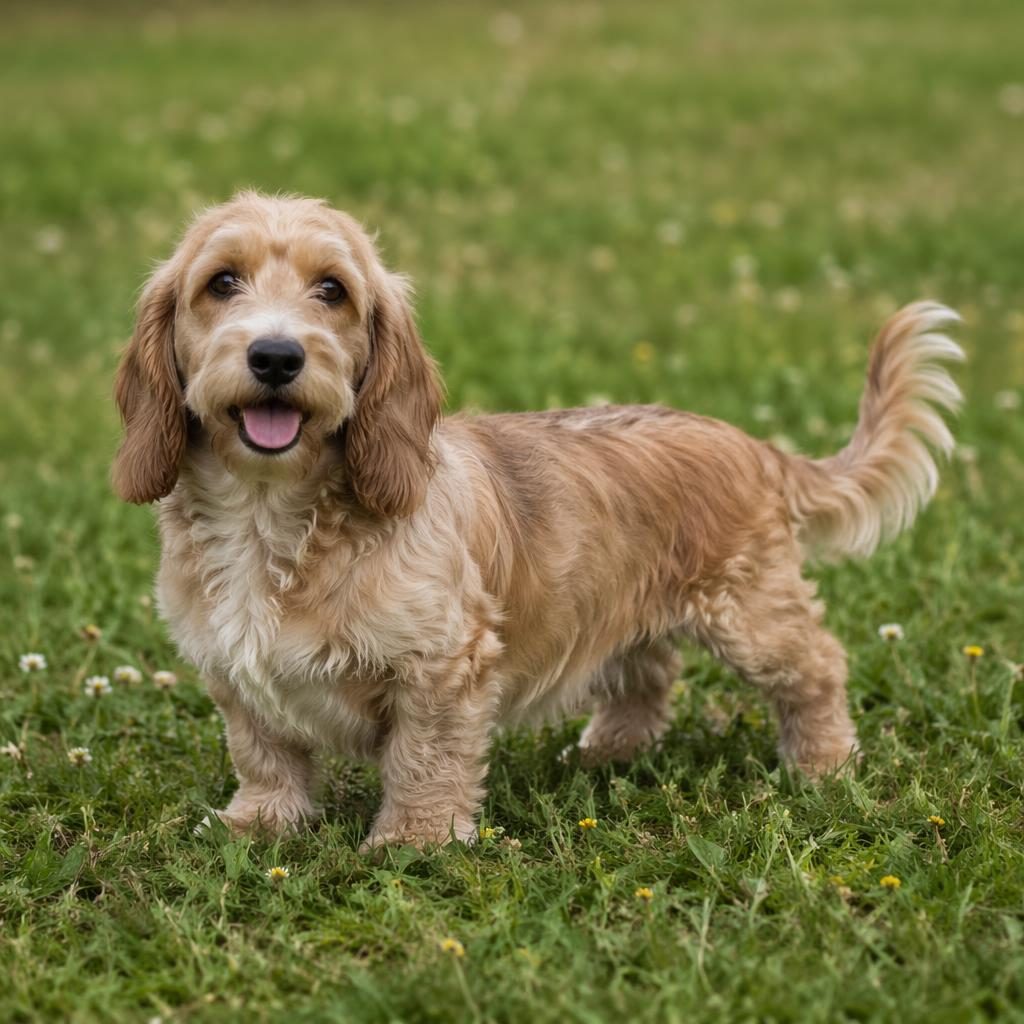 Editorial portrait of a single friendly bassetoodle dog standing in a grass meadow in soft natural light.