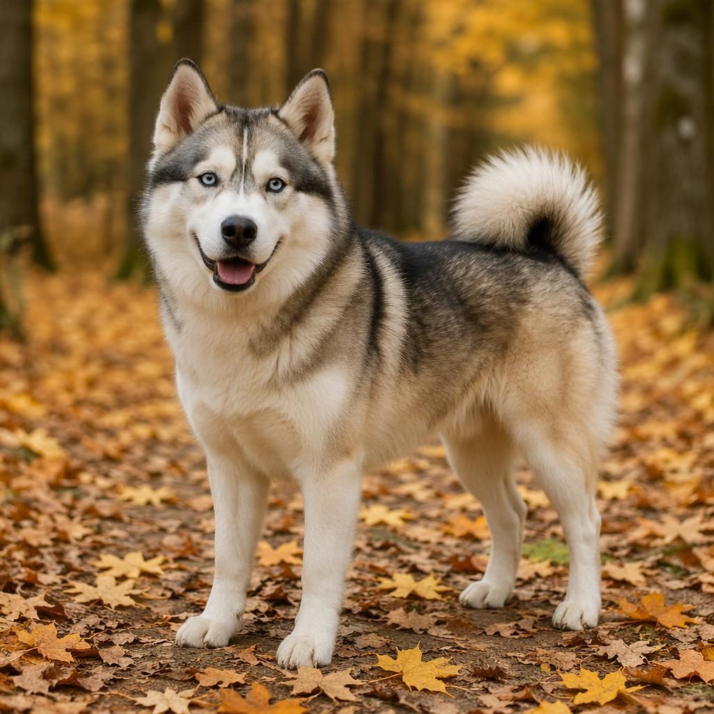 Perro mestizo tipo akita y husky siberiano, retrato editorial en bosque otoñal, pelaje cuidado y luz natural suave.