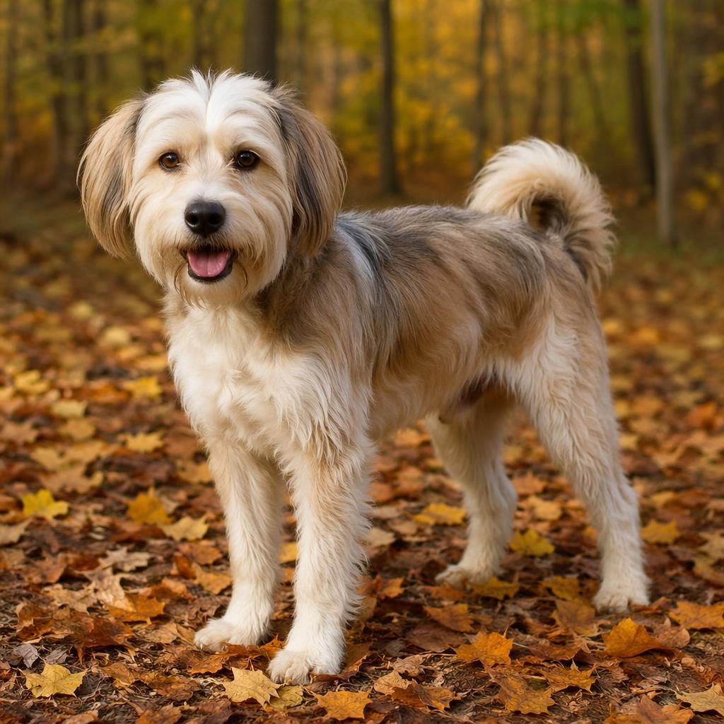 Ein einzelner junger Hundemix aus Samojede und Labrador steht entspannt im herbstlichen Wald bei weichem Licht.