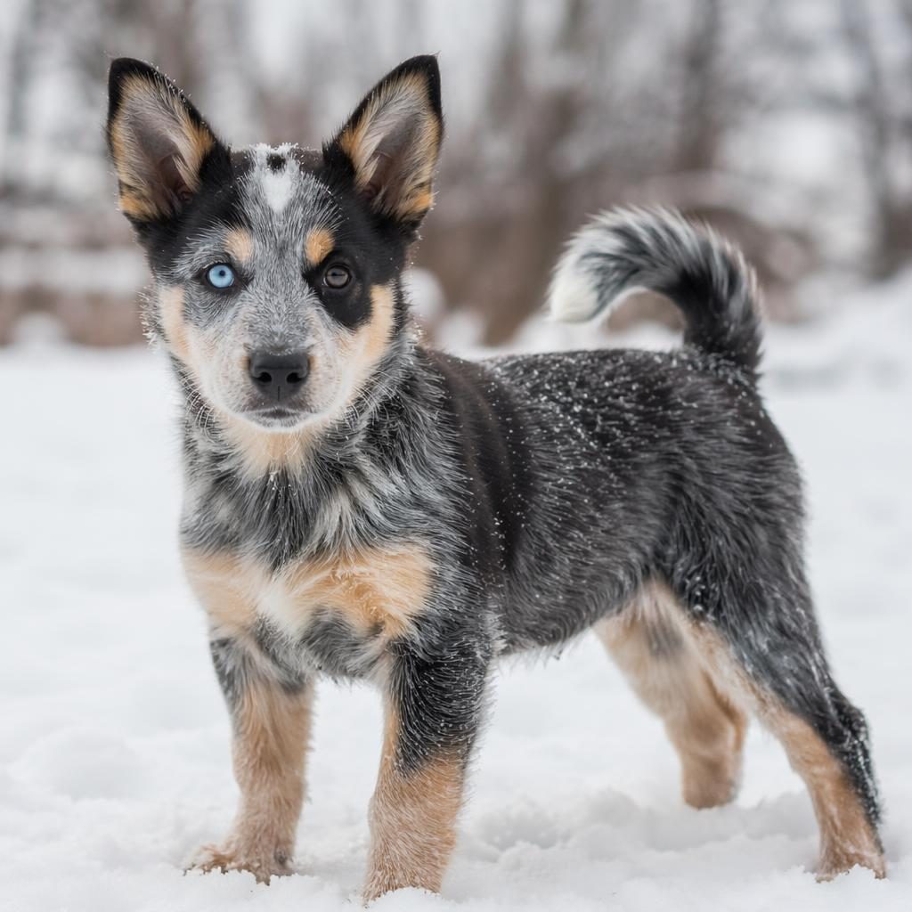 Studio-style portrait of a single puppy resembling a red heeler husky mix in a snowy setting, relaxed and well groomed