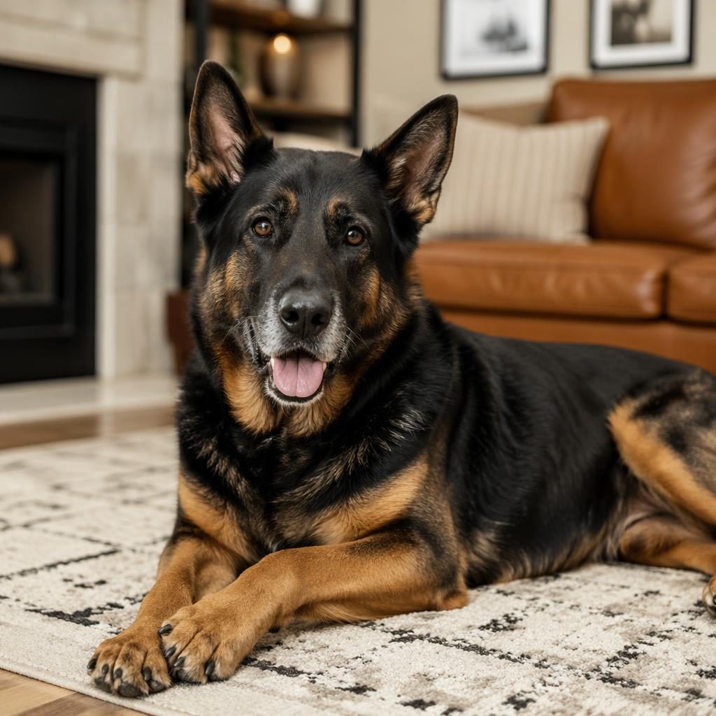 Senior shepweiler dog resting in a cozy living room, relaxed and well-groomed, with soft natural light and realistic fur