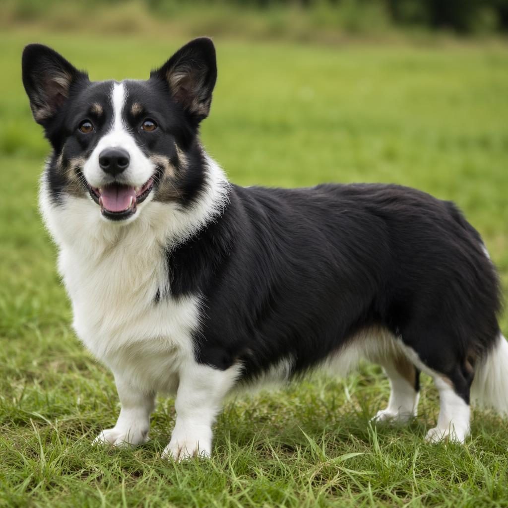 Senior mixed-breed dog portrait in a grass meadow with floppy ears, soft fur, relaxed expression, and natural light