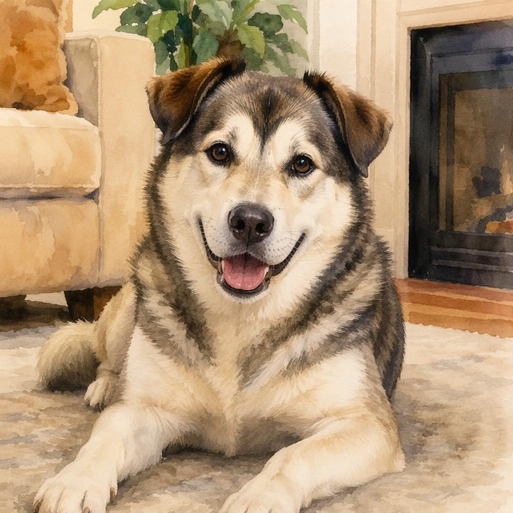 Chien pomsky adulte jeune en style aquarelle, pelage soigné, posé dans un salon cosy avec lumière naturelle douce.