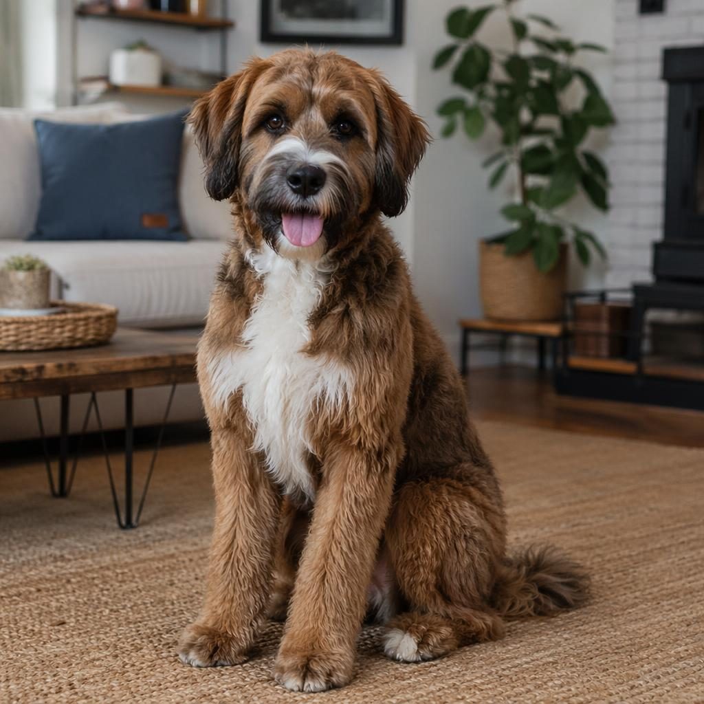 Photo-real boxerdoodle-style mixed dog standing in a cosy living room with a relaxed expression and soft natural light.