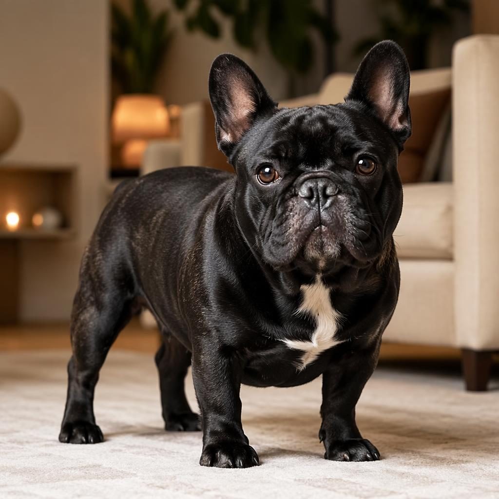 Senior Mops-Französische-Bulldogge-Mix als einzelner Hund im gemütlichen Wohnzimmer, weich beleuchtet, fotorealistisch