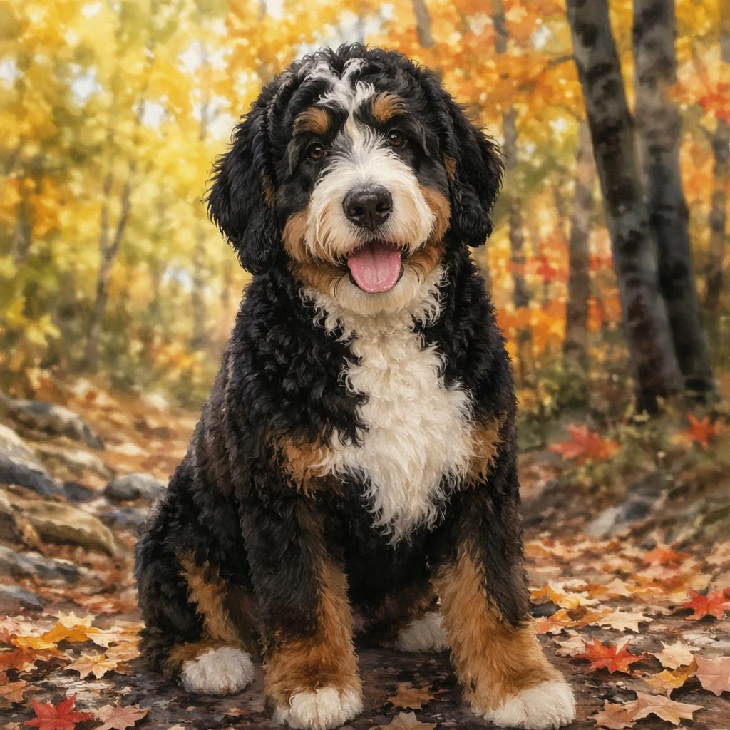 Single senior mixed-breed dog resembling a bernese mountain poodle mix in an autumn forest, watercolor style