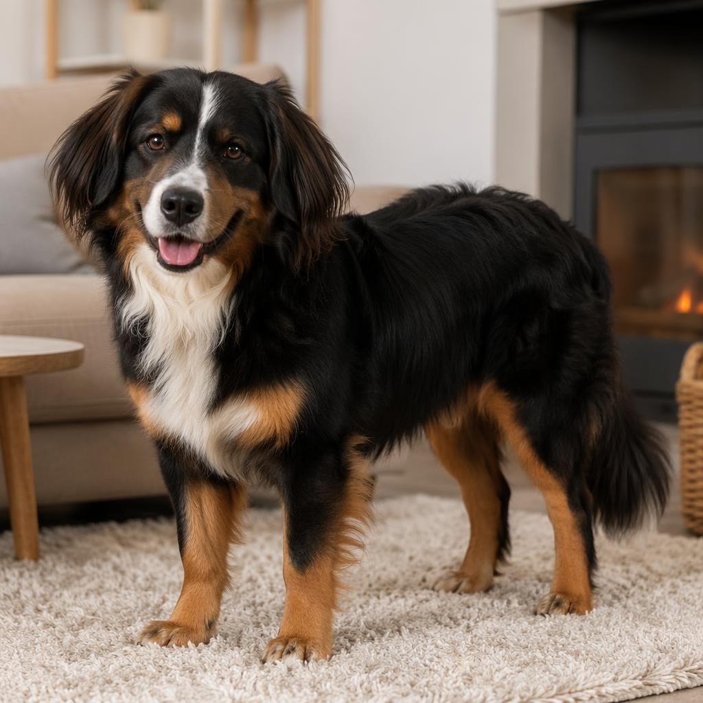 Ein einzelner junger bernese mountain spaniel in einem gemütlichen Wohnzimmer, freundlich, gepflegt und fotorealistisch