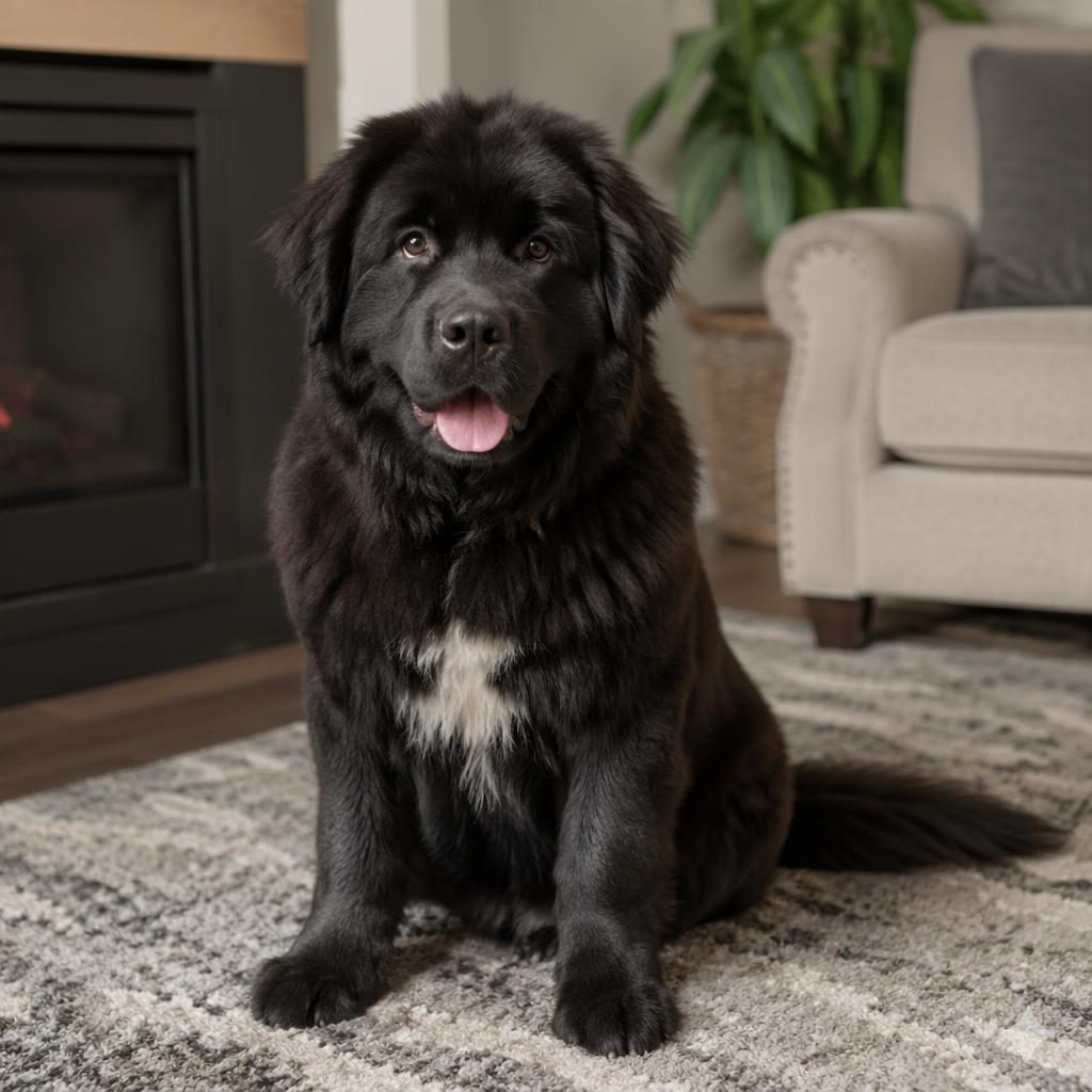 Studio-style photo of a single young adult Samoyed Labrador mix dog relaxing in a cozy living room with soft natural light.