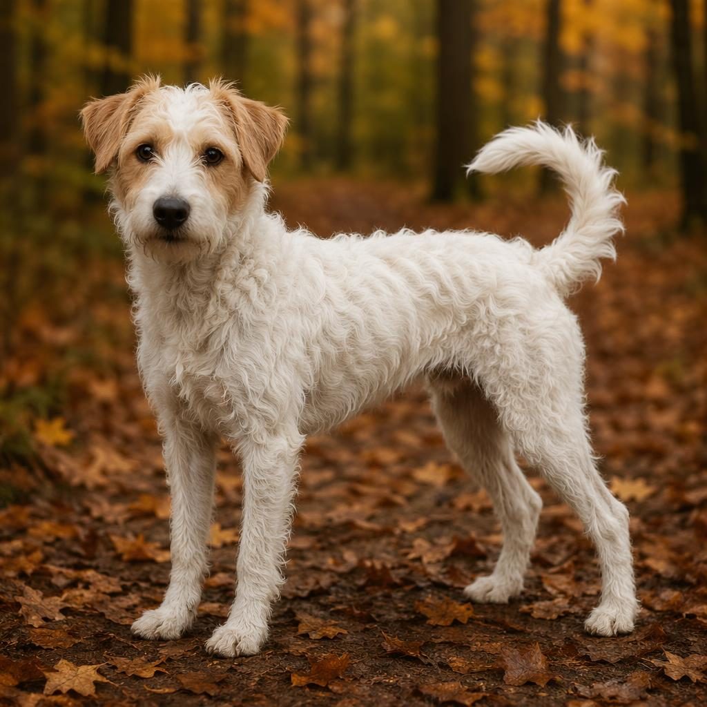 Ein einzelner parson russel pudel mix als junge erwachsene Hunderasse-Mix-Illustration im Herbstwald, freundlich und entspannt.