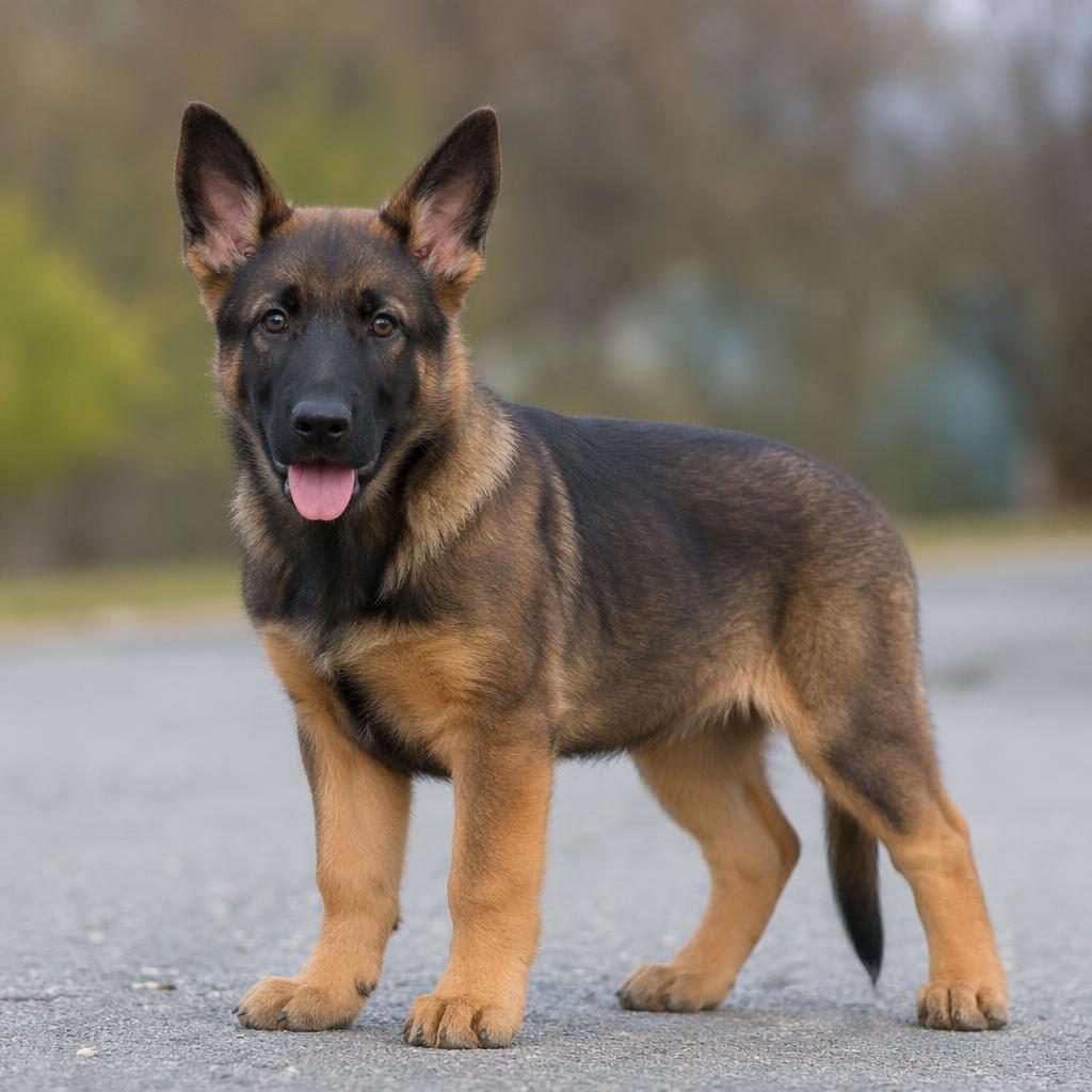 Chiot berger allemand croisé malinois assis dehors, pelage soigné, lumière naturelle douce, fond neutre flou.