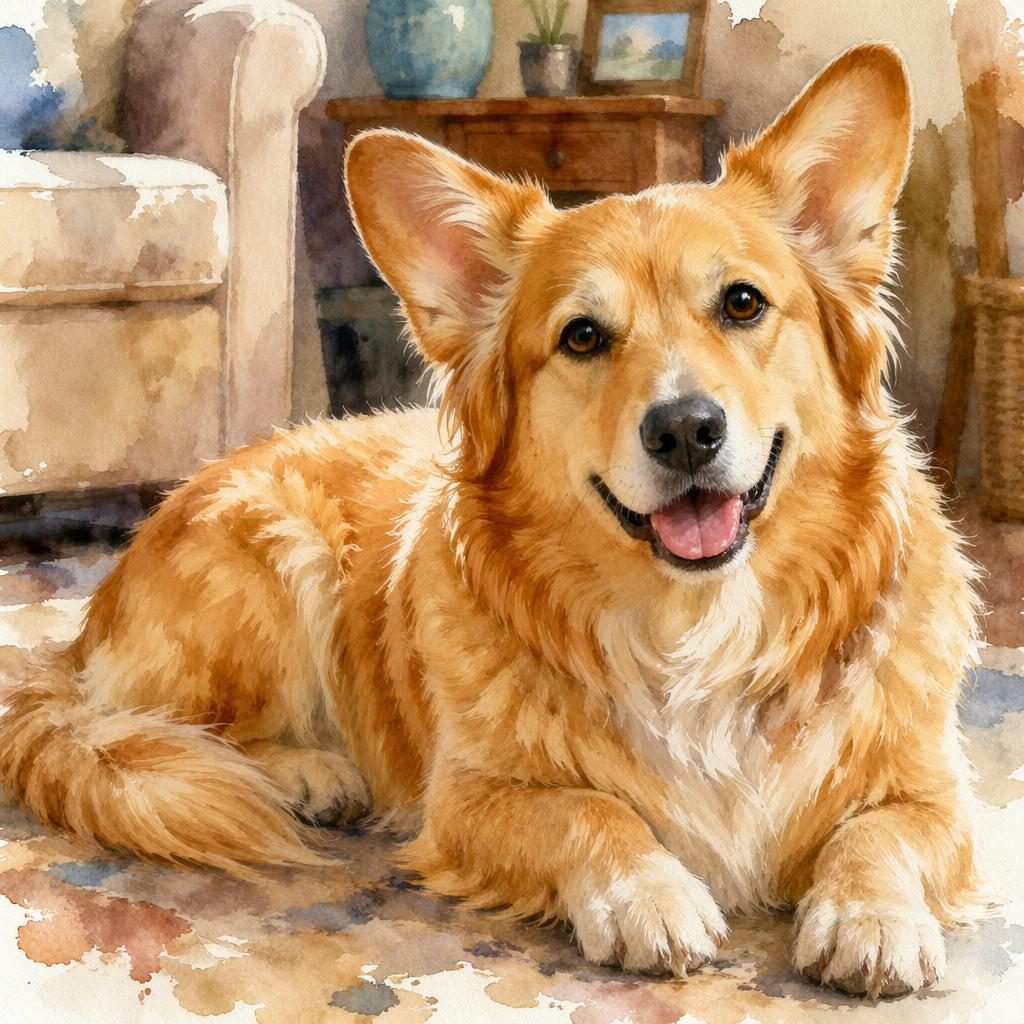 Starší pes připomínající křížence zlatého retrívra a corgiho leží v útulném obýváku, akvarel, jemné světlo.