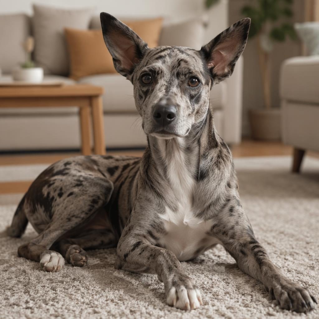 Illustration eines Great Dane-Chihuahua-Mix, entspannt im gemütlichen Wohnzimmer, mit gepflegtem Fell und weichem Licht