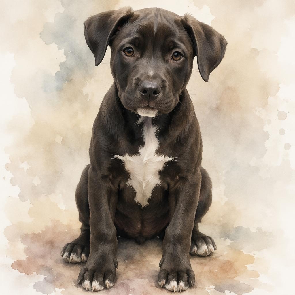Watercolor-style portrait of a single friendly puppy on a soft neutral background with natural light and detailed fur.