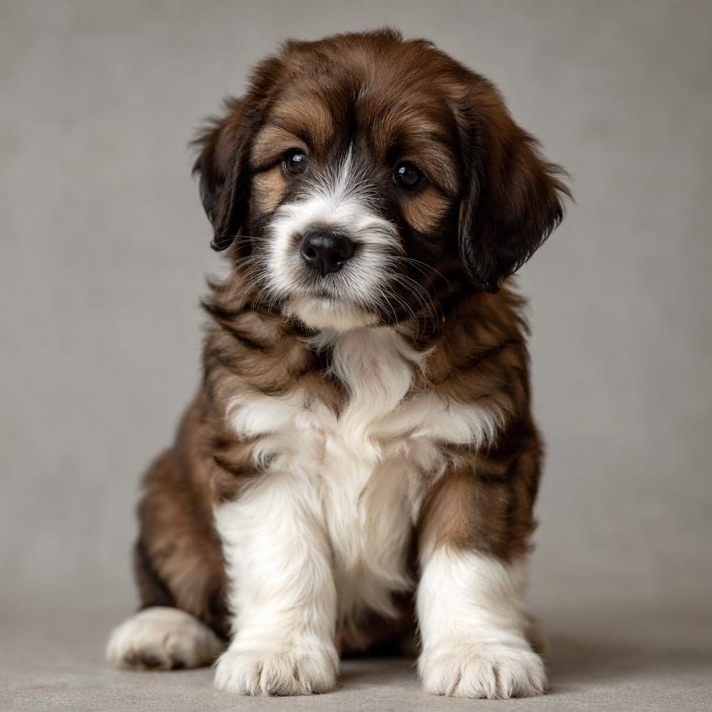 Editorial portrait of a Saint Bernard Malamute mixed-breed puppy on a soft neutral background with natural light.