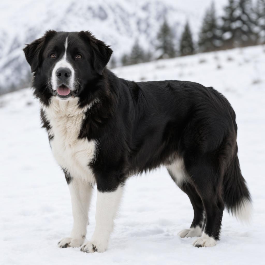 Perro adulto mestizo tipo cruce border collie y mastin, en estudio con fondo nevado, pelaje raro y expresión amigable.