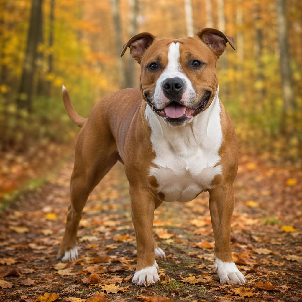 Ein einzelner junger Mischhund mit boxer- und chihuahua-ähnlichen Merkmalen in herbstlicher Waldkulisse, entspannt.