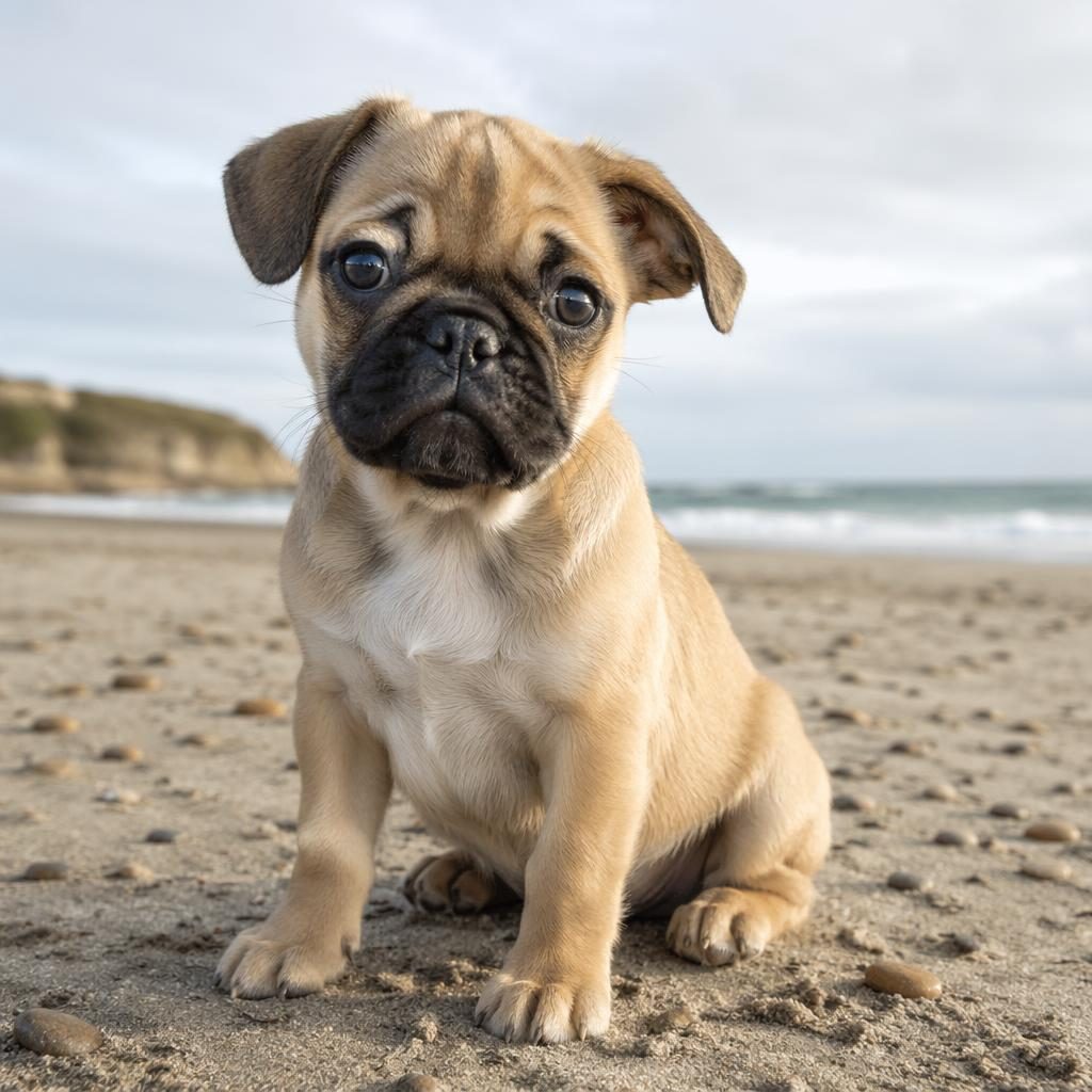 Editorial beach portrait of a single crossbred canine puppy with soft natural light, relaxed expression, and detailed fur.