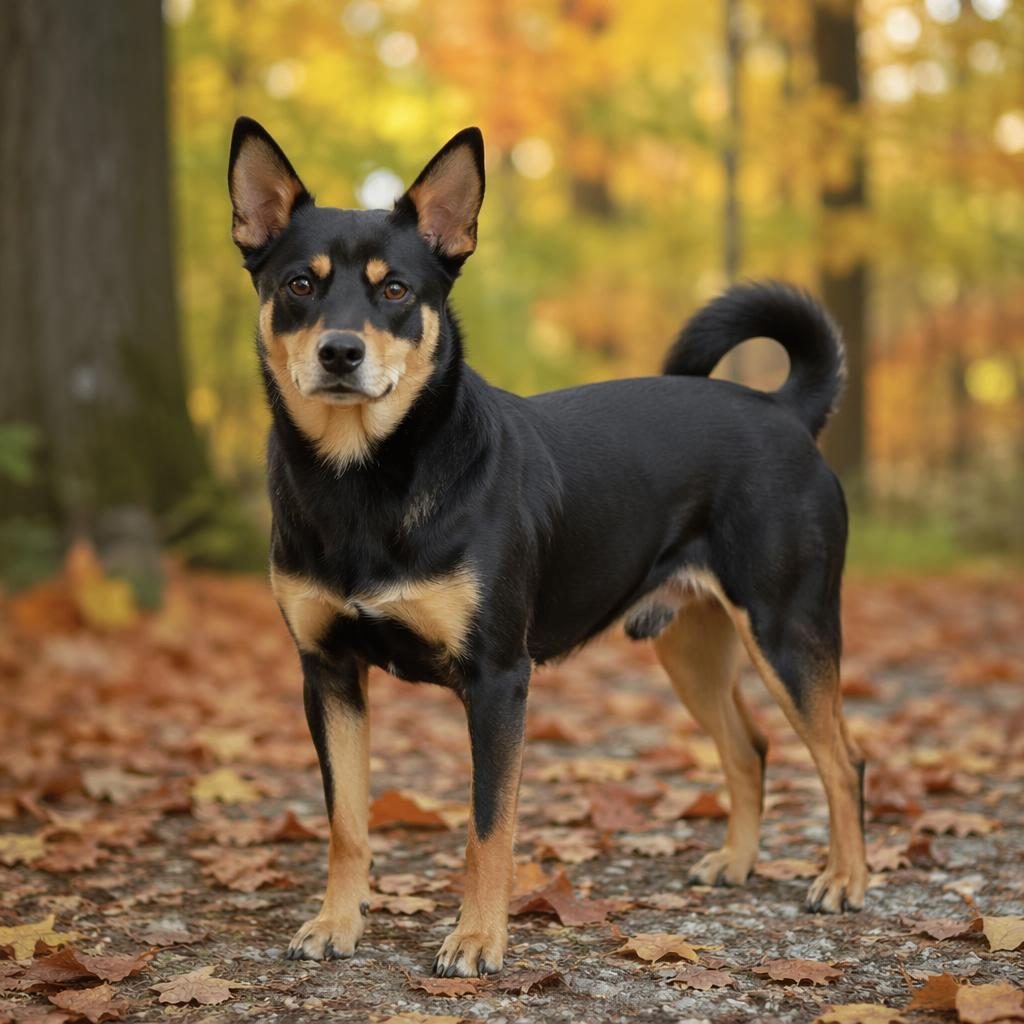 Chien croisé rottweiler shiba inu, seul en forêt d’automne, pelage réaliste, expression calme, lumière naturelle douce.