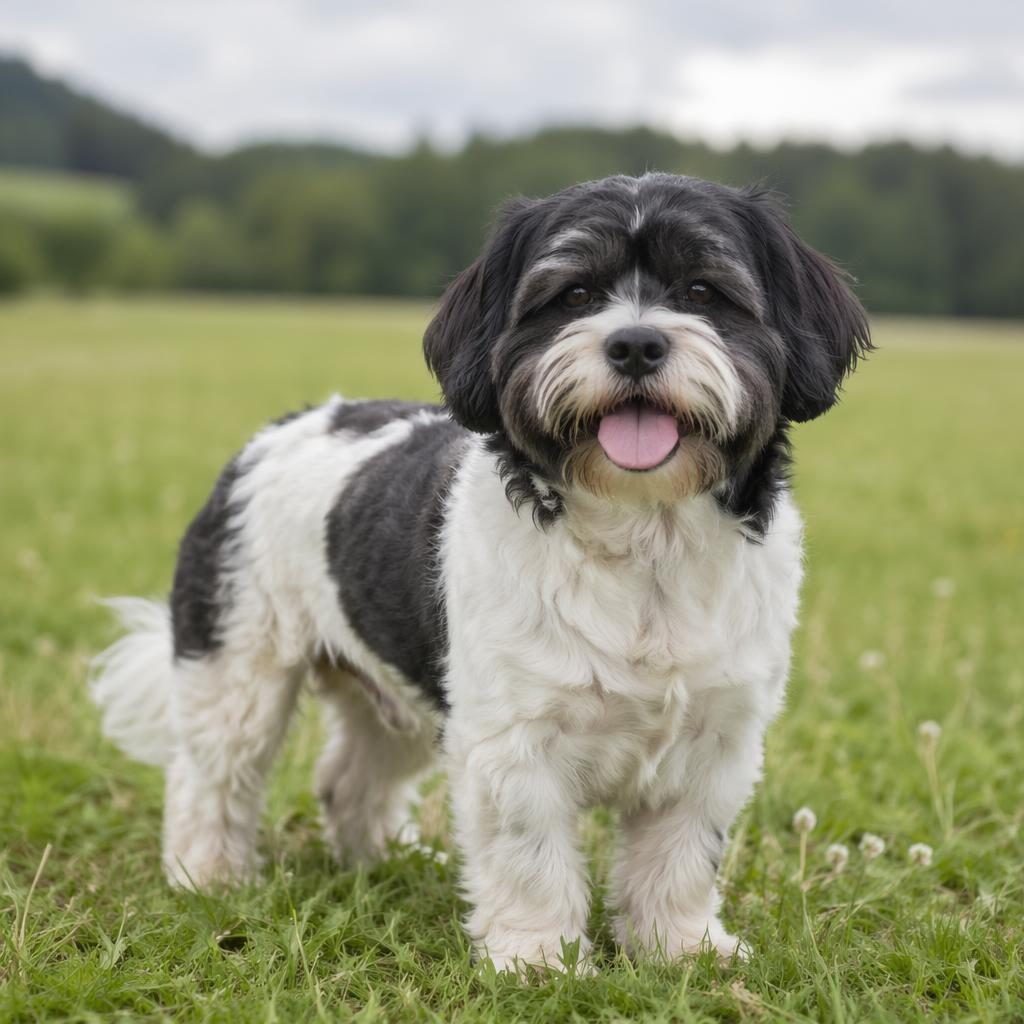 Ein einzelner Shih Tzu Jack Russell Mix im Seniorenalter steht entspannt auf einer grünen Wiese im Studio-Look.