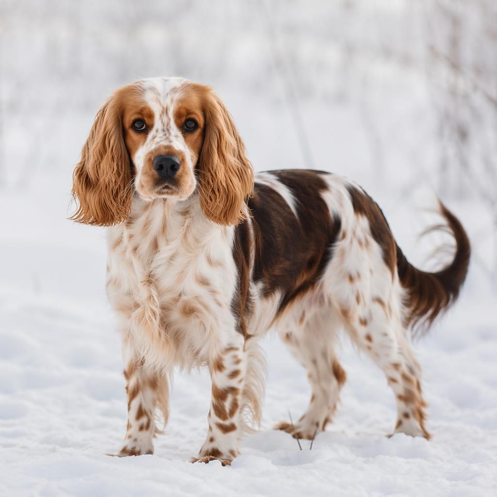 Single realistic hybrid dog in a snowy studio scene with soft light, unusual coat, relaxed expression, and sharp fur detail.