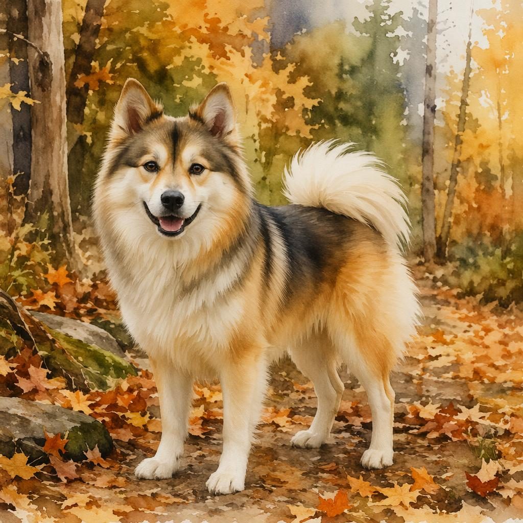 Ein einzelner junger Labrador-Akita-Mix im Aquarellstil steht entspannt in einem herbstlichen Wald bei weichem Licht.