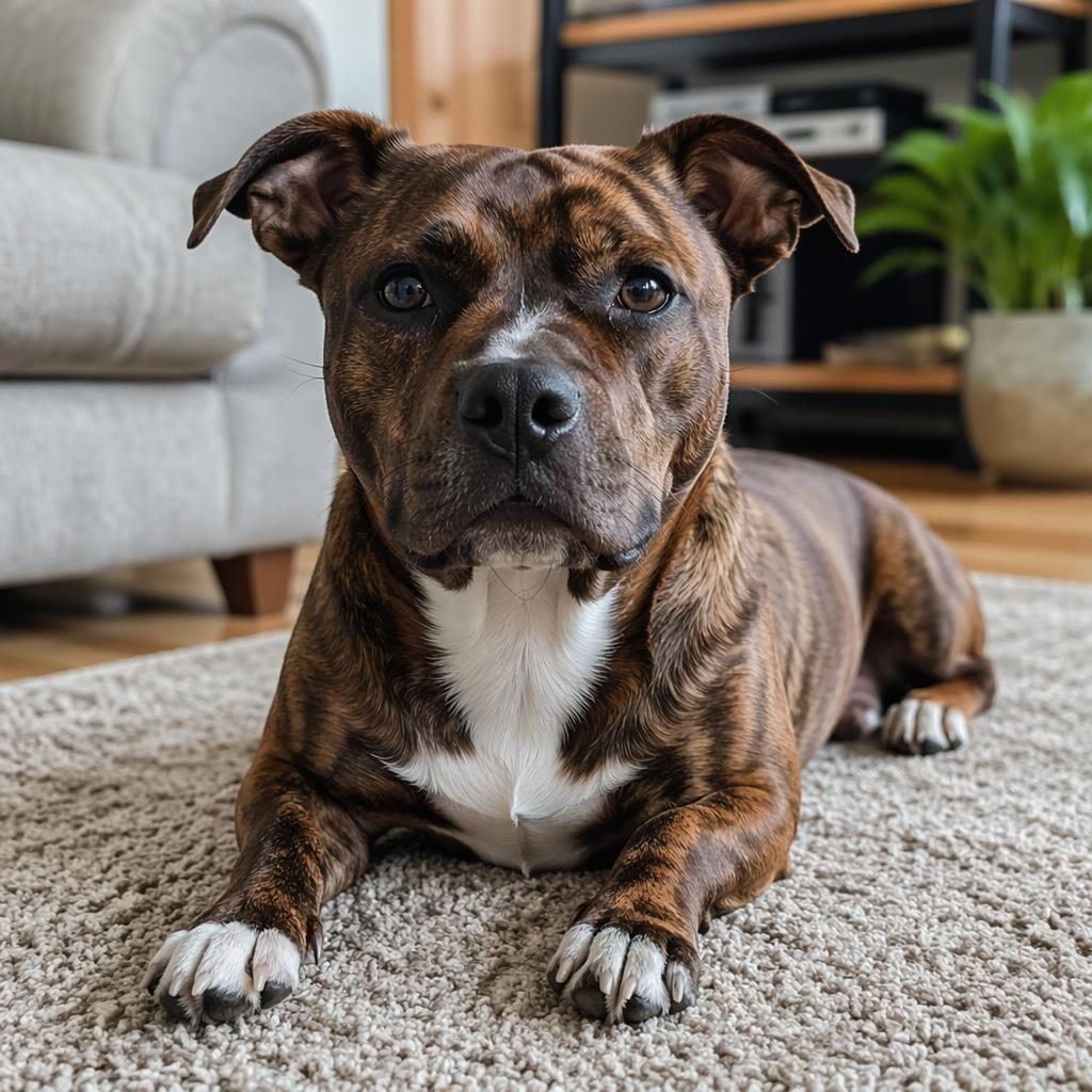 Single realistic mixed-breed dog with shih tzu and jack russell traits, relaxed in a cozy living room