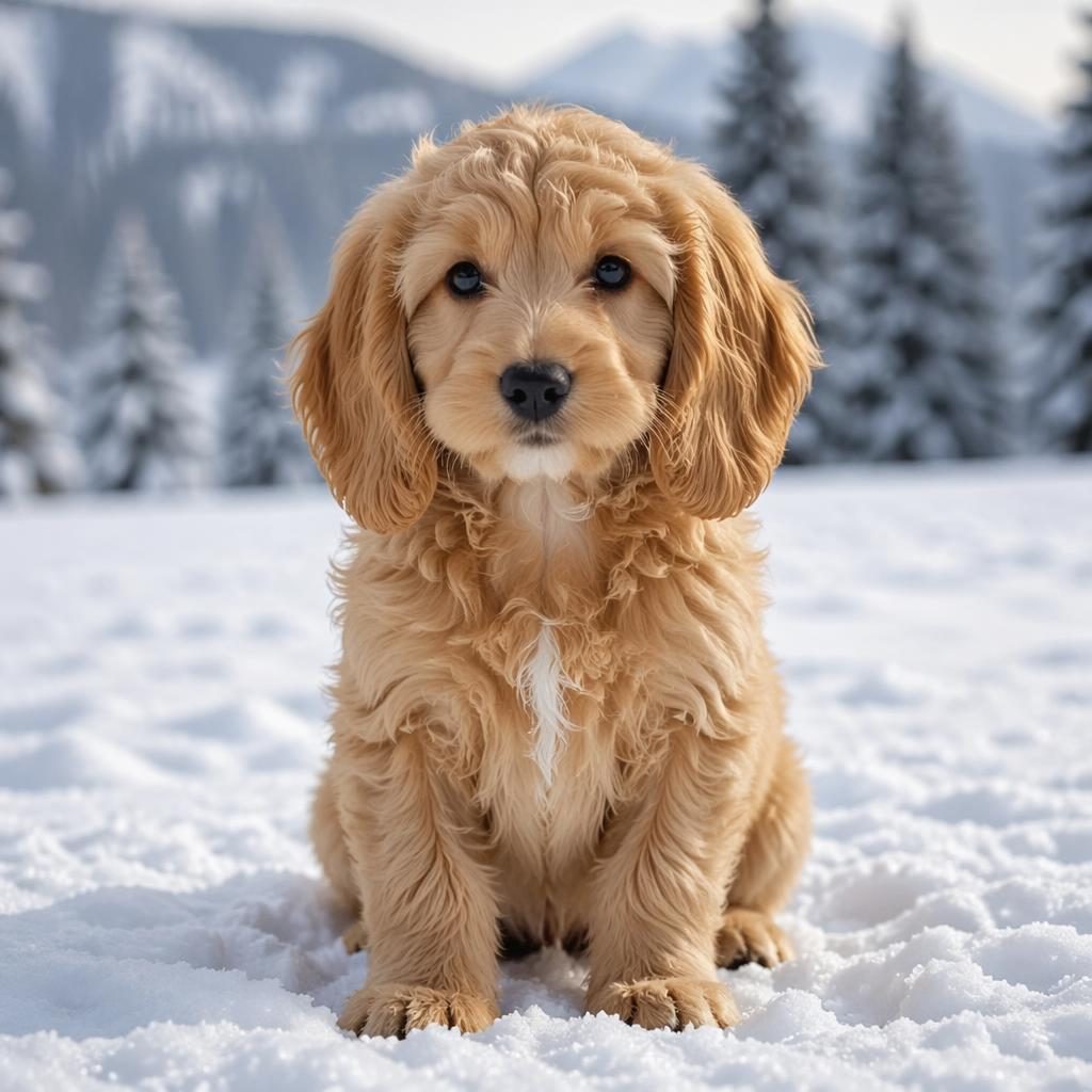 Cachorro mestizo de cruce entre caniche y cocker spaniel, retrato editorial en paisaje nevado con luz natural suave.