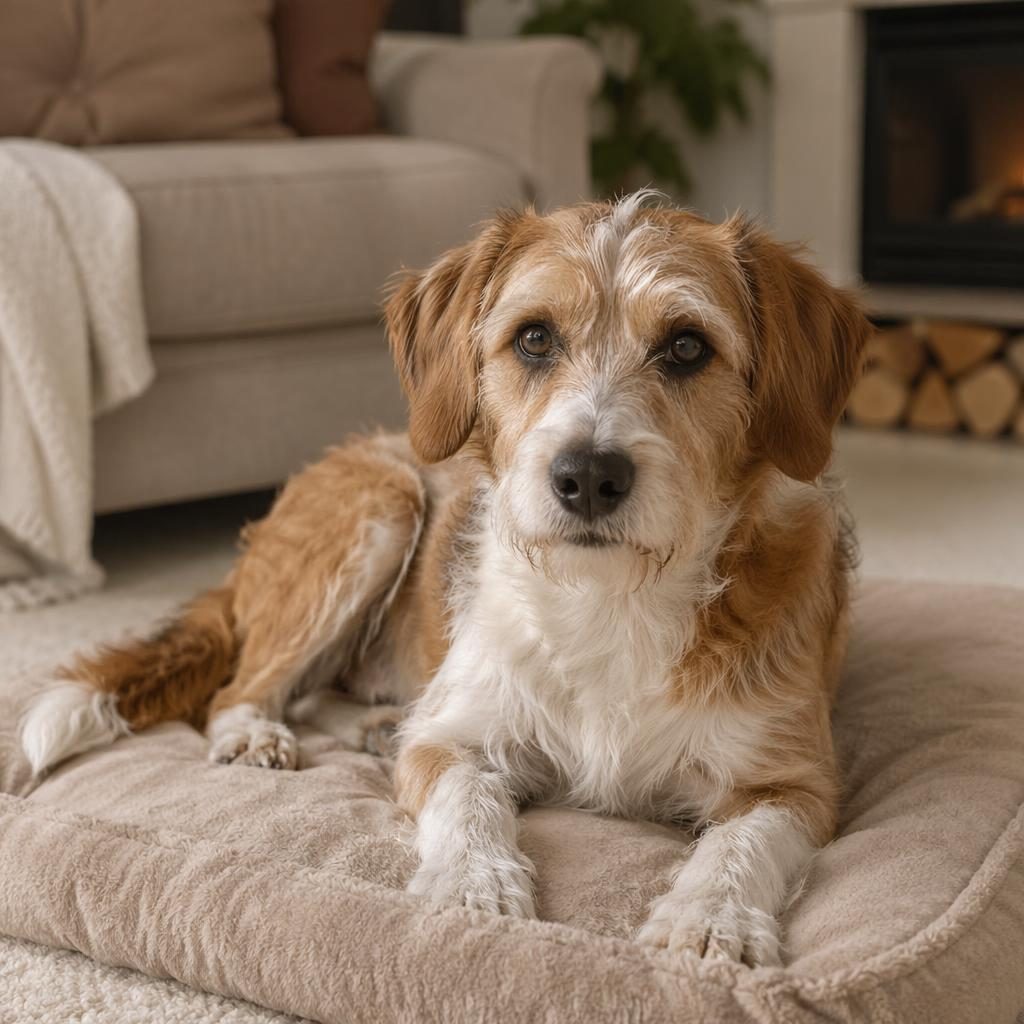 Illustration eines entspannten Senior-Hundemix im gemütlichen Wohnzimmer mit weichem Licht und detailreicher Fellstruktur.