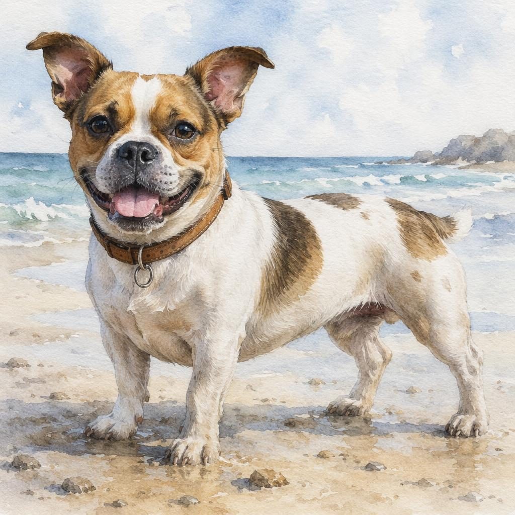Single hybrid dog on a beach in watercolor style, relaxed and friendly, with realistic fur texture and soft light.