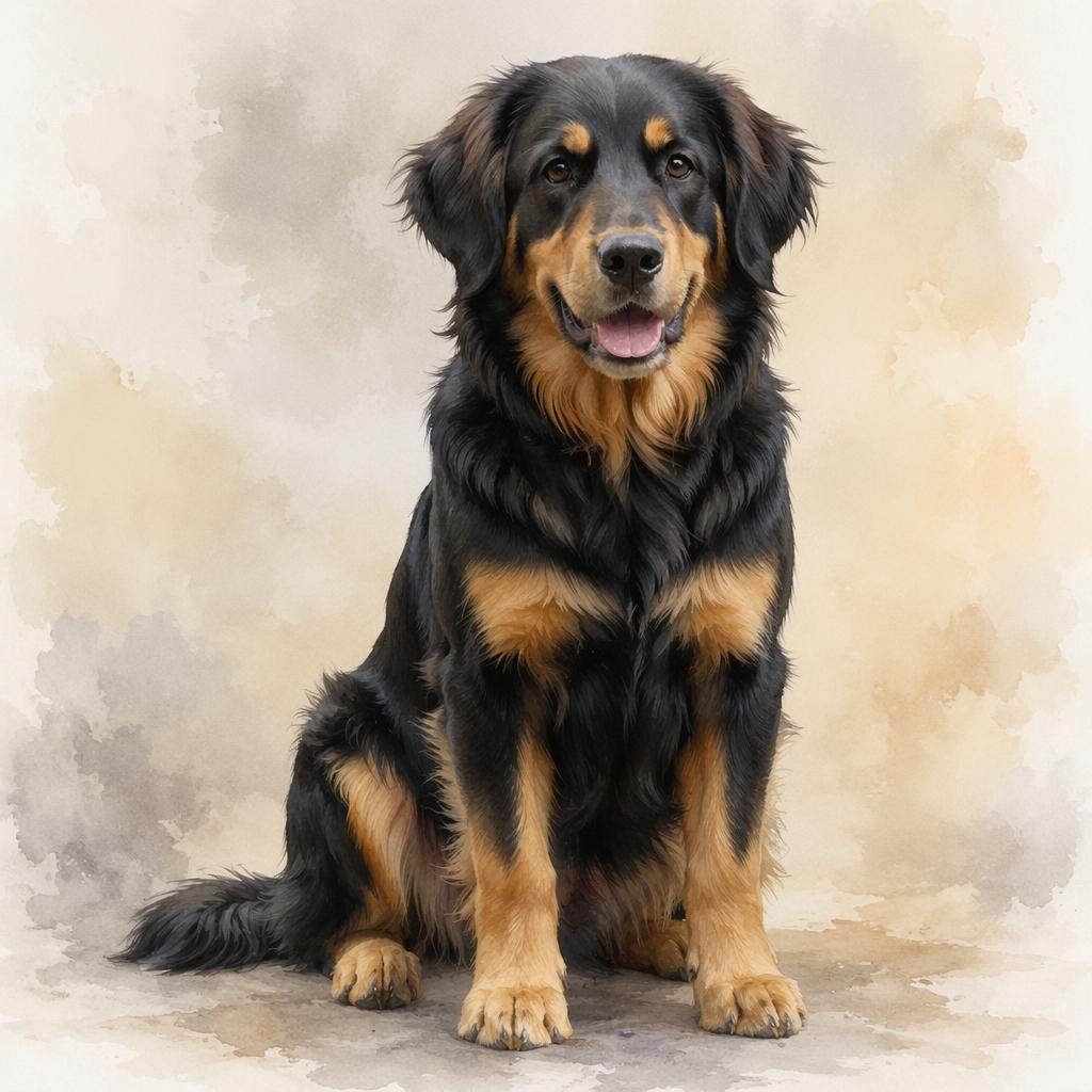 Ein einzelner erwachsener Mischlingshund im Aquarellstil vor neutralem Hintergrund, freundlich, gepflegt und fotorealistisch.