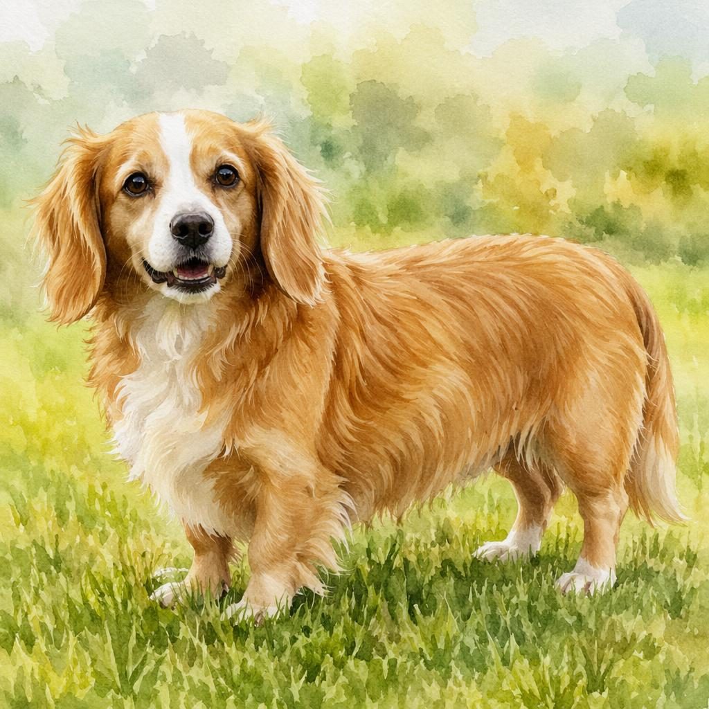 Watercolor portrait of a senior Cavalier King Charles Spaniel Dachshund mix standing in a grass meadow.