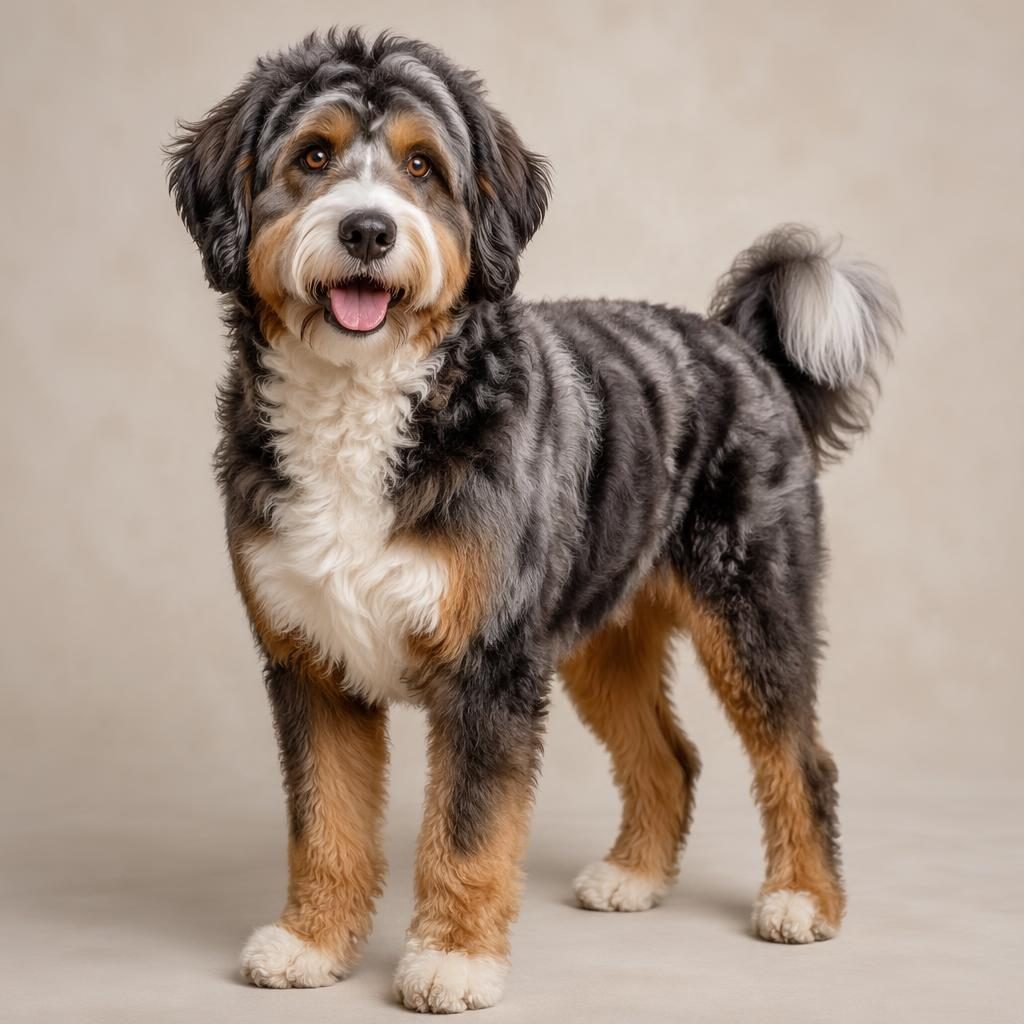 Photo-real illustration of a friendly adult hybrid dog with fluffy rare coat, balanced mix traits, on a soft neutral background.