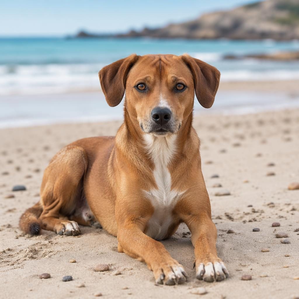 Ein einzelner erwachsener Ridgeback-Jack-Russell-Mix als Editorial-Porträt am Strand, entspannt, gepflegt, in weichem Licht.