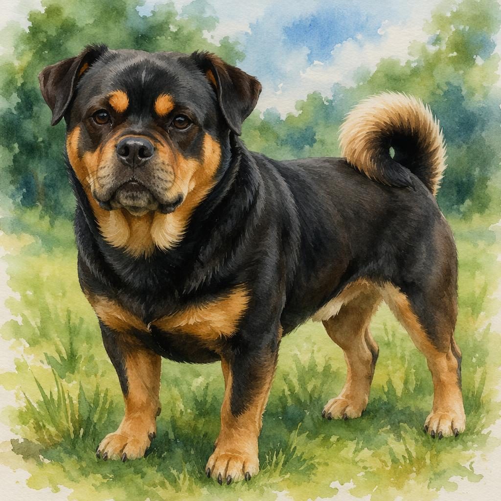 Ein einzelner älterer Mischhund im Aquarellstil steht entspannt auf einer grünen Wiese bei weichem Tageslicht.