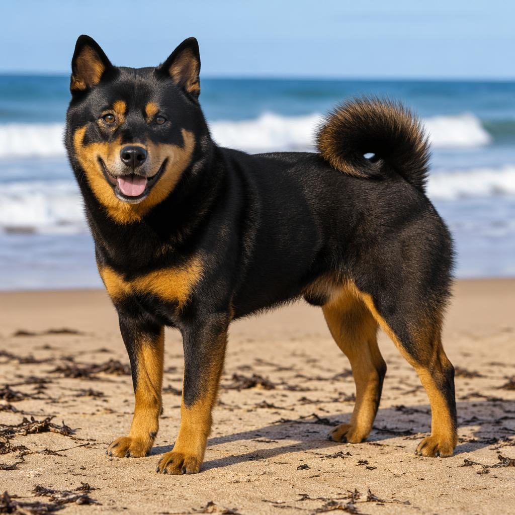 Fotorealistische Illustration eines einzelnen Rottweiler-Shiba-Mix am Strand, freundlich, entspannt, seltene Fellfarbe